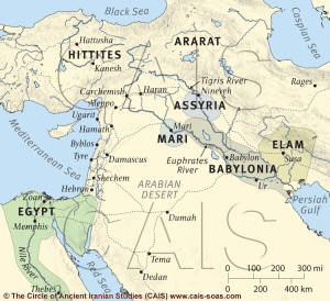 A map showing the location of major ancient polities of Mesopotamia, the Levant, and Egypt