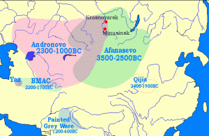 Map showing the extent of the Andronovo and BMAC cultures